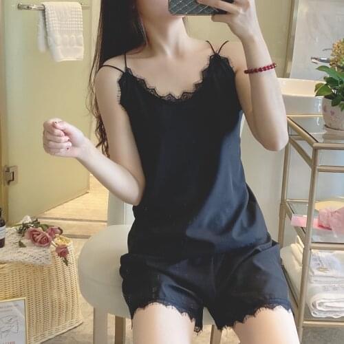 Summer Solid Color Lace Pajama Sets for Women Sleepwear Girls Sleeveless Sexy Lingerie Two Piece Women Set M- 2XL