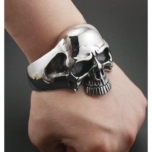 316L Stainless Steel Huge Heavy Skull Mens Biker Rocker Punk Bracelet Bangle Cuff 5J022
