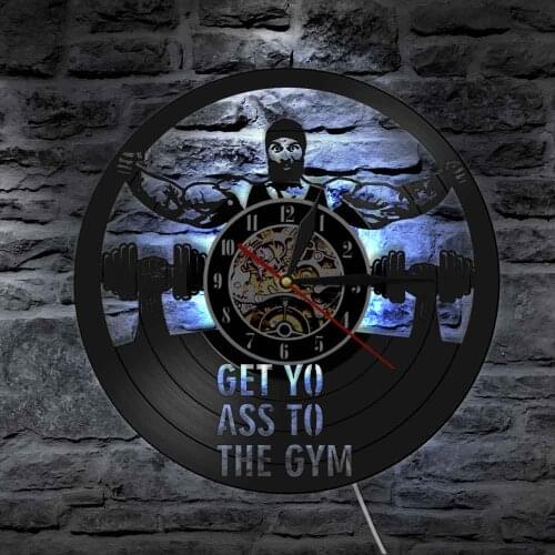 Creative Gym Art Vinyl Wall Clock Get Yo Ass To The Gym Vintage Vinyl Record Wall Clock Men Muscles For Gym Decor Accessories