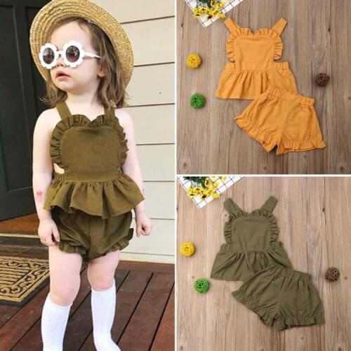 Summer New Girls Clothes Children Clothing Set kids cotton linen flying sleeve top + PP hot pants toddler baby clothes