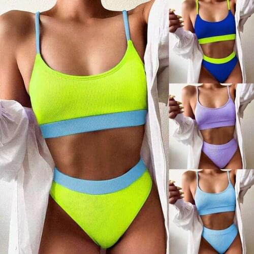 New Beachwear High Waist Bikinis Swimsuits Women Push Up Swimwear Ribbed Strap Padded Bathing Suit Biquini Brazilian Bikini Set