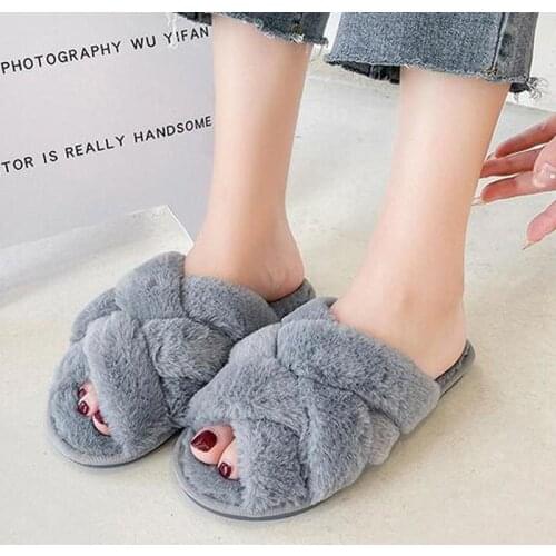 New Womens Fur Slides Winter Fashion Cross Warm Cotton Shoes Woman Outdoor Solid Color Flat-bottomed Furry Ladies Slippers