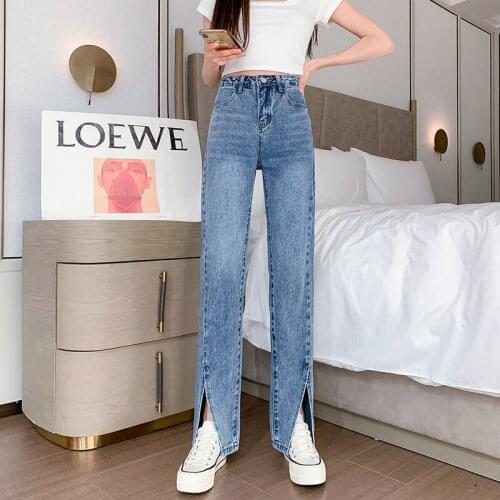 Spring and Autumn New Front Slit Jeans Womens High Waist Waist and Thin Straight Mopping Wide Leg Split Micro Flare Pants