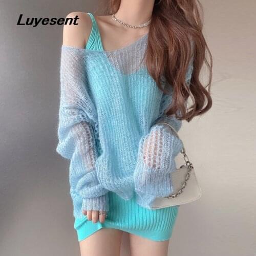 Solid Light Blue Girl Loose Casual Sweater Autumn Lady Thin Hollow Out Pullover Long Sleeve Sweaters Sweet Korean Fashion Cloth