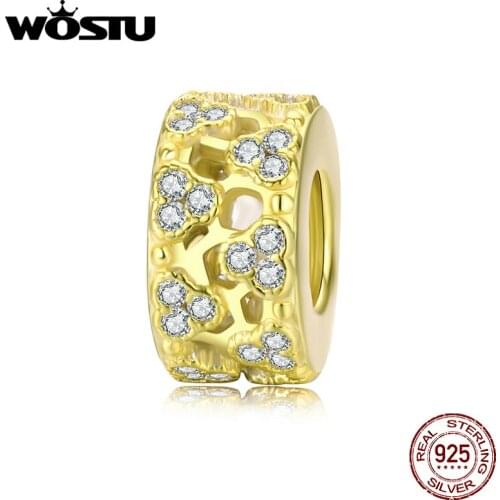 WOSTU Real 925 Sterling Silver Bee Honeycomb Beads Zircon Gold Color Charms Fit Original Bracelet Pendant Luxury Jewelry BKC1409