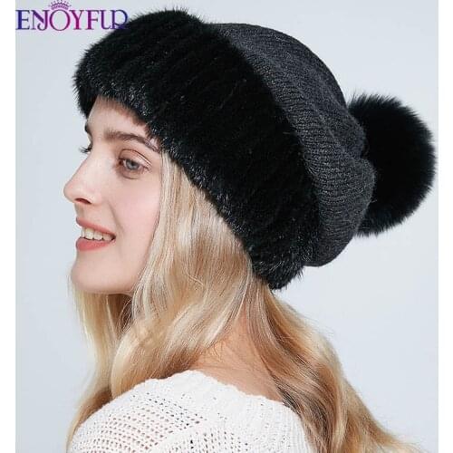 ENJOYFUR Winter Mink Fur And Wool Hats For Women Warm Fashion Big Pompom Female Caps New Solid Knit Beanies