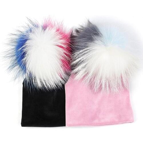 15cm Raccoon 3 Color Patchwork Pompom Beanie Newborn Baby Hat Candy Color For Baby Girls Boys Toddler Winter Children Caps