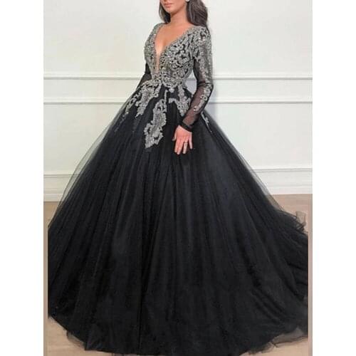 SuperKimJo Vestidos De Fiesta Largos Elegantes De Gala Black Ball Gown Prom Dresses Beaded Applique Elegant Vintage Prom Gown