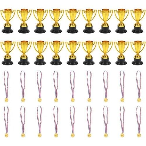 36Pcs Party Decor Childrens Toys Plastic Gold Cups Medals for Party Children Prizes 18PCS Trophies and 18PCS Medals
