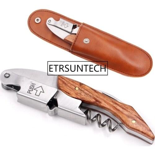 50pcs/lot Wine Opener With PU Leather Bag Stainless Steel Corkscrew Portable Bottle Opener Folding Knife Kitchen Accessories