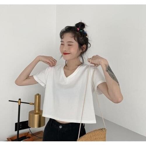 Summer new Korean T-shirt womens versatile loose V-neck student top Harajuku fashion simple cotton loose