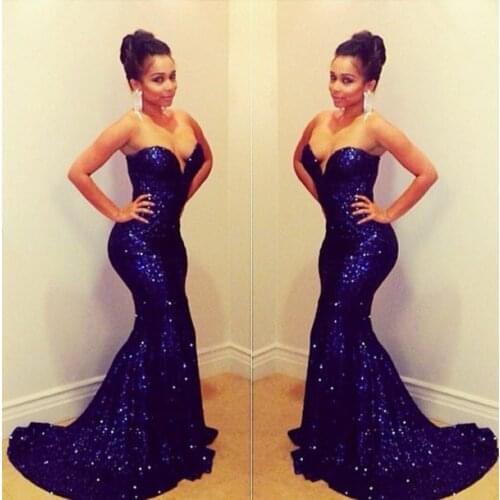 Custom Made Royal Blue Shiny Beaded Mermaid 2018 Vestido De Festa Longo Free Shipping prom gown 2018 bridesmaid dresses