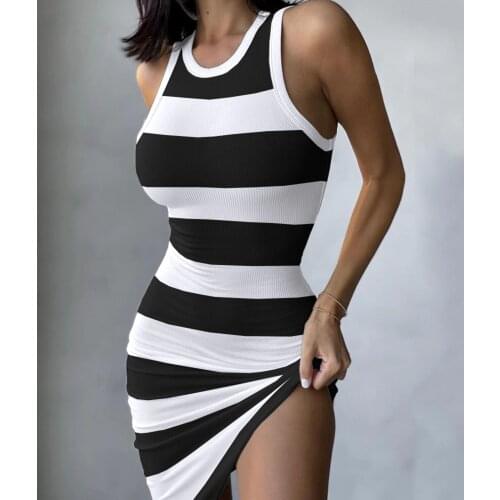 4# Womens Summer Sexy Striped Print Bodycon Dress Sleeveless Ruched O-neck Buttocks Dress Sexy Knee-length Summer Dresses Robe