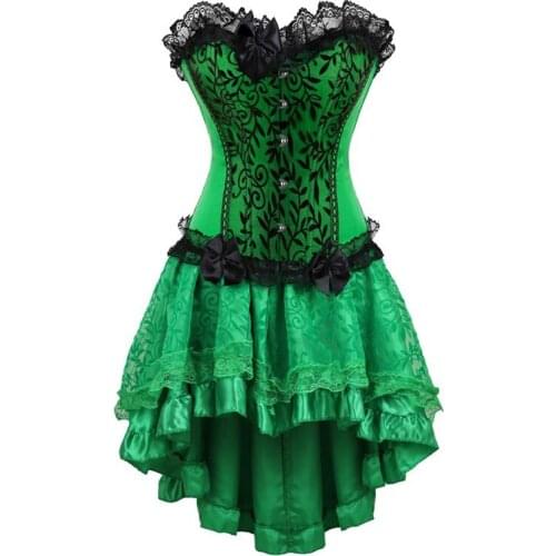 Plus Size Women Burlesque Dancer Dress Sexy Bustier Corset Gothic Lace Vintage Corset Dress With Skirt Set Green Costumes