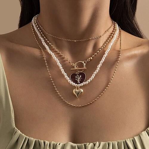 Vintage Imitation Pearl Love Heart Pendant Necklace for Women Retro Multilayer Geometric Beaded Chains Necklace Colar Jewelry