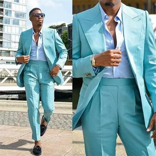 2021 Blue Wedding Men Suits Wide Peak Lapel Costume Homme Marrige Slim Fit Prom Groom Terno Masculino Blazer 2 Pcs Jacket+Pants