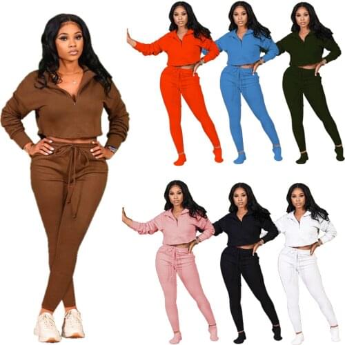 83Y163 Autumn Winter Women Casual Fashion Solid with Hood Sports Two Piece Set Top and Pants Tracksuit Sweatsuit Outfits Hot