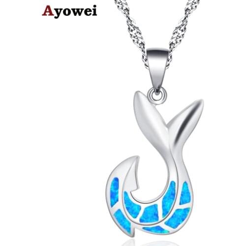 Ayowei Blue Fishtail Simple Design silver plated stamped Opal Necklace Pendant Romantic Valentines Day Best Gift OP828A