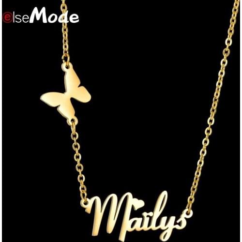 ELSEMODE Customized Butterfly Heart Name Necklace Stainless Steel Multi Shape Personalized Letter Gold Choker Necklace Gift