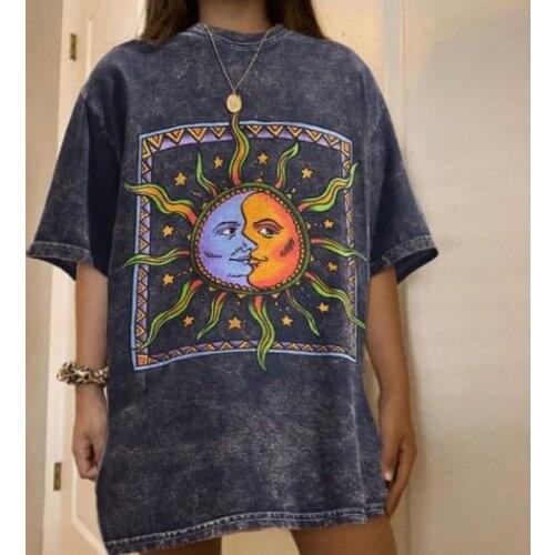 Vintage Sun Face Print American Fashion Graphic T Shirts Women Loose Short Sleeve Casual Girls Summer Plus Size Hip Hop Clothes