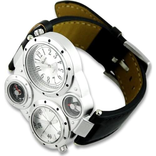 Black Leather Band Mens Wrist Watches Unique Military Multi-dial Time Compass Thermomete WristWatch Watch Man Sport Watch