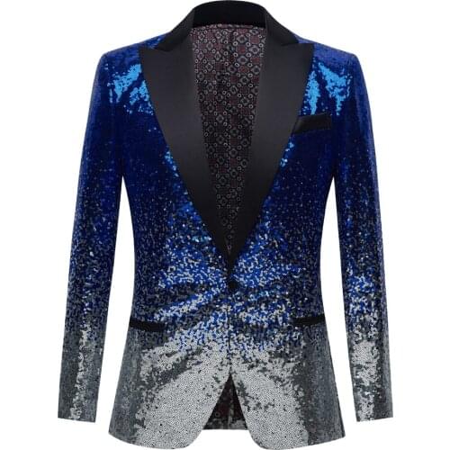 Silvery and Blue Sequin Shawl Collar Tuxedo Suit Blazer Men Wedding Groom Singer Prom Glitter Suit Jacket DJ Club Stage Blazer