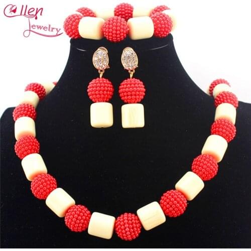 New African White Coral Beads Necklace Set Nigerian Red Artificial Pearl Beaded Necklace wedding african beads Jewelry Set E1114