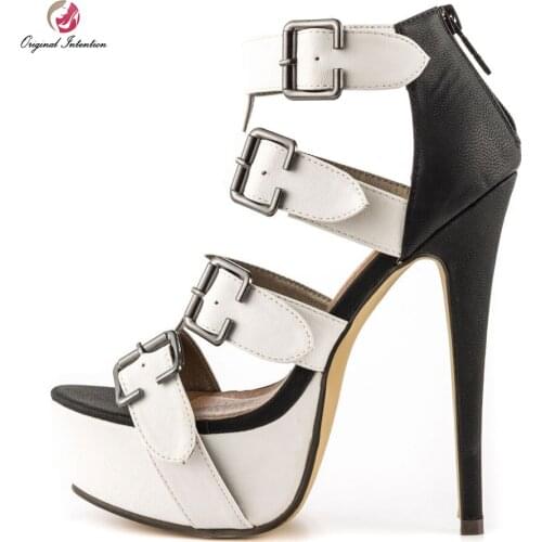 Original Intention Women Sandals Buckle Open Toe Thin Heels Sandals High-quality Black White Shoes Woman Plus US Size 4-15