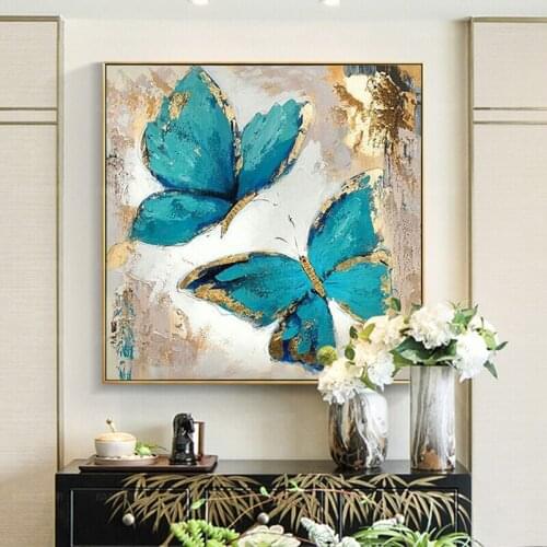 Living Room Home Aesthetic Poster And Prints Blue Butterfly Canvas Wall Art Picture Golden Decorations No Frame
