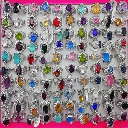 QianBei Free Fashion Green Red Black Blue Rhinestone Rings Retro Silver Alloy Rings Oval For Women Wholesale 20pcs/set Jewelry