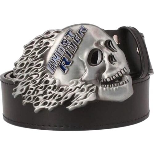 Fashion Flame skull belt Heavy metal style belt Ghost rider Decorative strap punk skull belt style mens leather belt