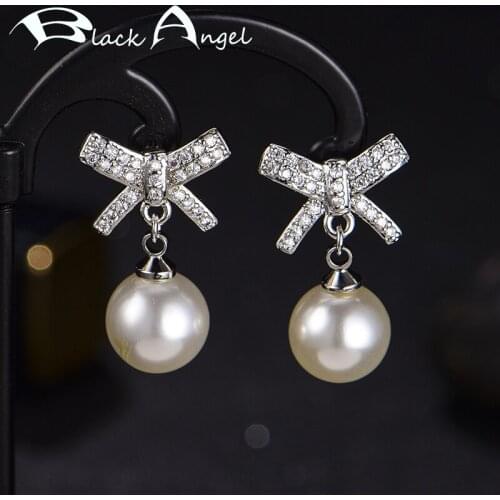 BLACK ANGEL 2020 New Shiny Cute Bowknot Freshwater Pearl 925 Silver Stud Earrings For Women Jewelry Wholesale Wedding Gift