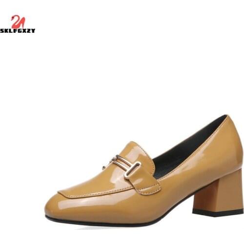 SKLFGXZY 2021 Spring Autumn Style Women Leather Shoes Square Head High Heels Wedding Party Shoes Pumps Women Shoes
