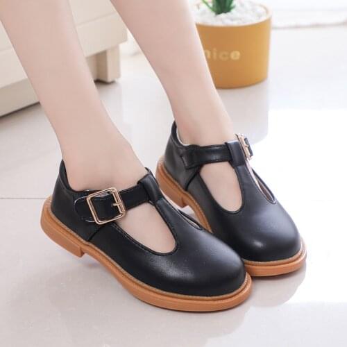Kids Leather Shoes for Girls Medium Big Children Students Performance Black Leather Flats T-strap Classic Fashion High Quality
