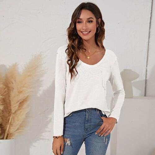 Spring Autumn Loose Casual White Top Women T Shirt Long Sleeve O-neck Pockets Solid Pullovers Female Street Clothing Cotton Tee