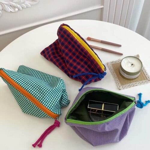 Woman Multifunctional Storage Bag Simple Splicing Grid Cosmetics Coins Portable Light Ins Popular Colourful Cotton Traveling