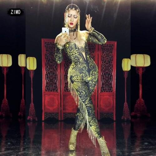 Designer New Golden Jumpsuit Feminine Fringed Rhinestone Party Club Singer Stage Dance Costume Dj Costume Birthday Chinese Style