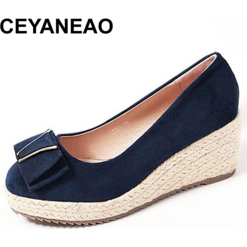 CEYANEAO Princess Bow Same Suede Wedge Single Shoes Womens Shallow Mouth Espadrilles Spring and Autumn New Sandals High Heels