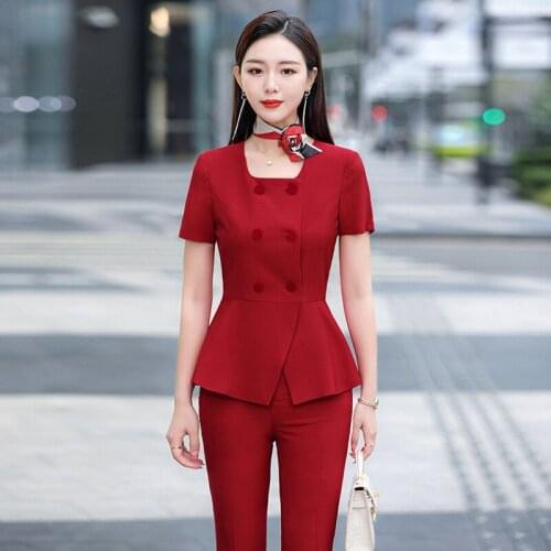 IZICFLY Summer Style New Red Slim Single Breasted Business 2 Piece Set Women Work Wear Blazer And Pants Elegant Office Suit