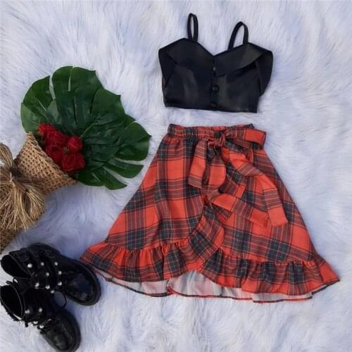 2021 Summer Kids Girls Clothes Sets 2pcs Sleeveless Single Breasted Vest Tops Plaid Print Ruffles Ankle Length Skirts 1-6Y
