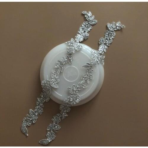 5Pcs Hot-Fix Rhinestone Silver Thread Lace Applique Narrow Lace Patch Wedding Dress Clothing Decoration Material diy Accessories