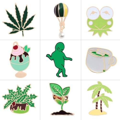9 Style Green Pins Grass Leaf Tree Hot Air Balloon Frog Brooch Ice Cream Badge Jackets Cup Enamel Pin Brooches For Women Jewelry