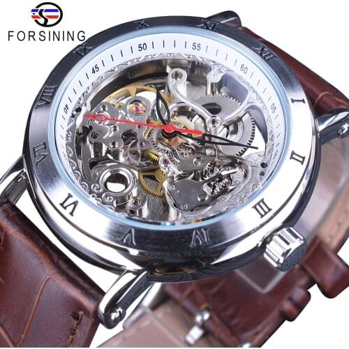 Forsining Waterproof Gear Flower Movement Transparent Leather Clock Men Skeleton Automatic Mechanical Watches Top Brand Luxury
