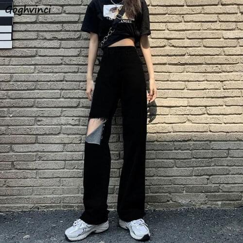 Jeans Women Streetwear Hole Pockets Washed Trousers Summer Full-length New Loose Wide Leg All-match Fashion Retro Quality Denim