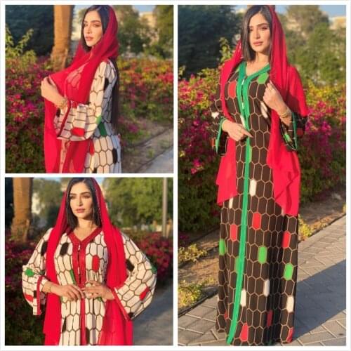 Middle East Printed Robe Jalabiya Dubai UAE Festival Muslim Womens Wear Long Sleeve Maxi Dresses Muslim Robe