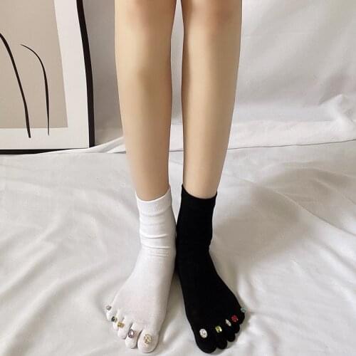 Summer Womens Black And White Cotton Toe-Socks With Shinning Rhinestones Thin BlingBling Crystal Funny Design Infinity-Socks