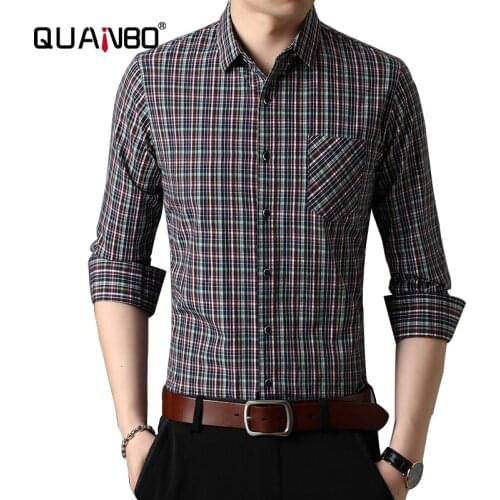 QUANBO Mens Slim-Fit Long-Sleeve Plaid Shirt 2020 Spring Autumn New Fashion Pocket Business Casual Men Dress Shirts