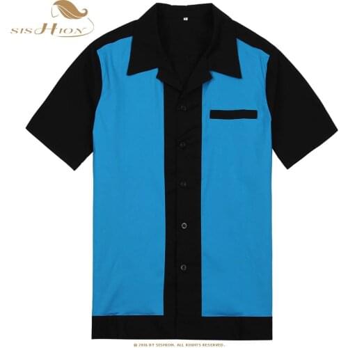 SISHION Men Bowling Shirt ST111 Short Sleeve White Red Blue Mid-Century Inspired Vintage Men Shirt camisa masculina