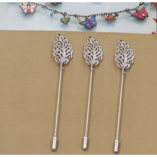 20 Sets Length 80mm Metal Copper Rhodium 17*34mm Leaf Long Brooch Lapel Pin Base Settings For Jewelry Making