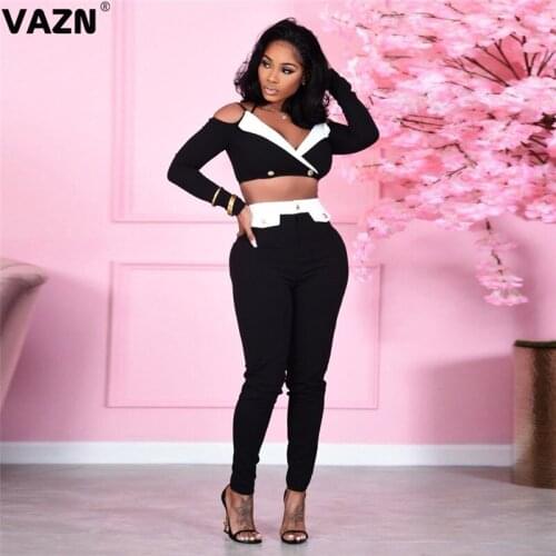 VAZN 2020 New Full Sleeve V-neck Patchwork Office Street Women Casual Fashion Set Holiday Women Young Energetic Set